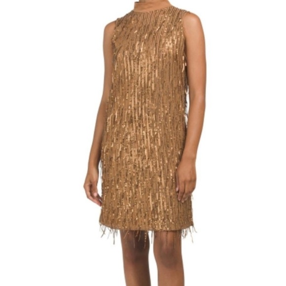 Carla Conti | Sequin gold/copper fringe mesh overlay mini dress Women’s size S - Picture 11 of 11
